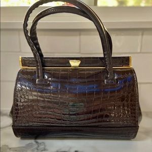 Structured Croc-Embossed Satchel in Dark Brown with Gold Trim